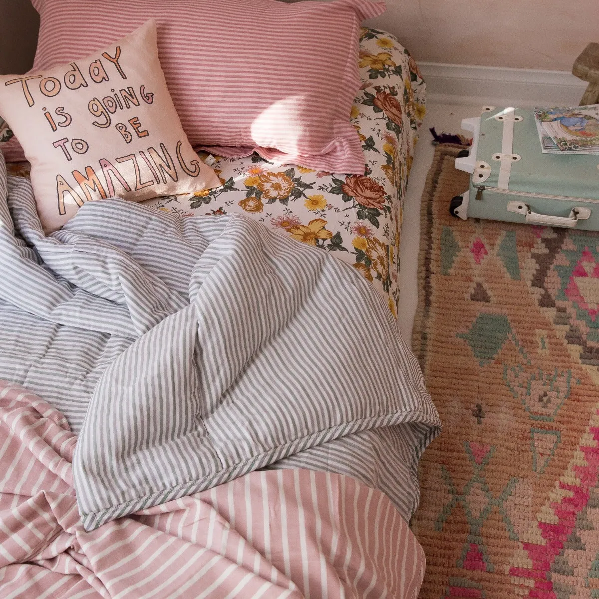Kids Bunk Quilt and Sham - Sage and Grey Stripe