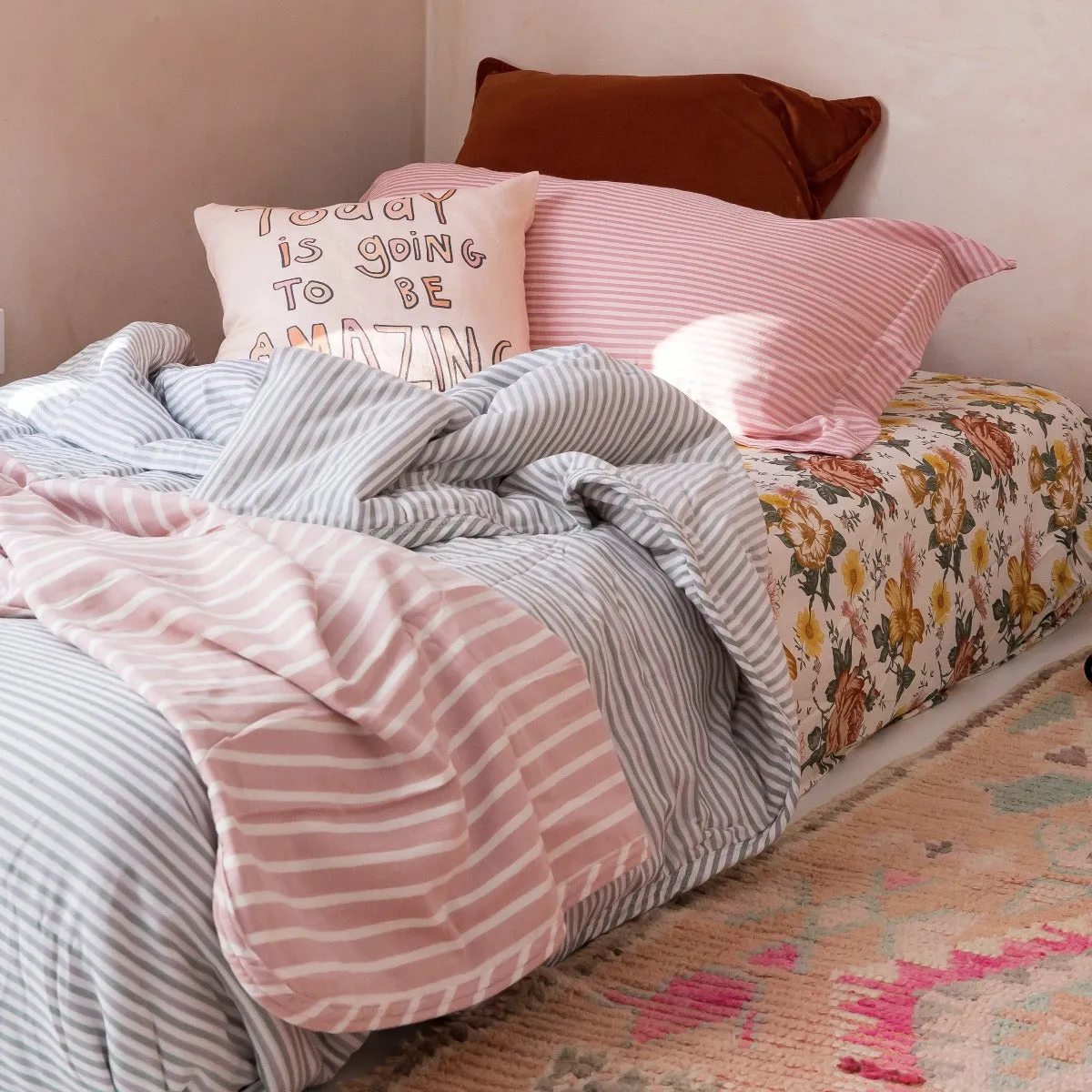 Kids Bunk Quilt and Sham - Sage and Grey Stripe
