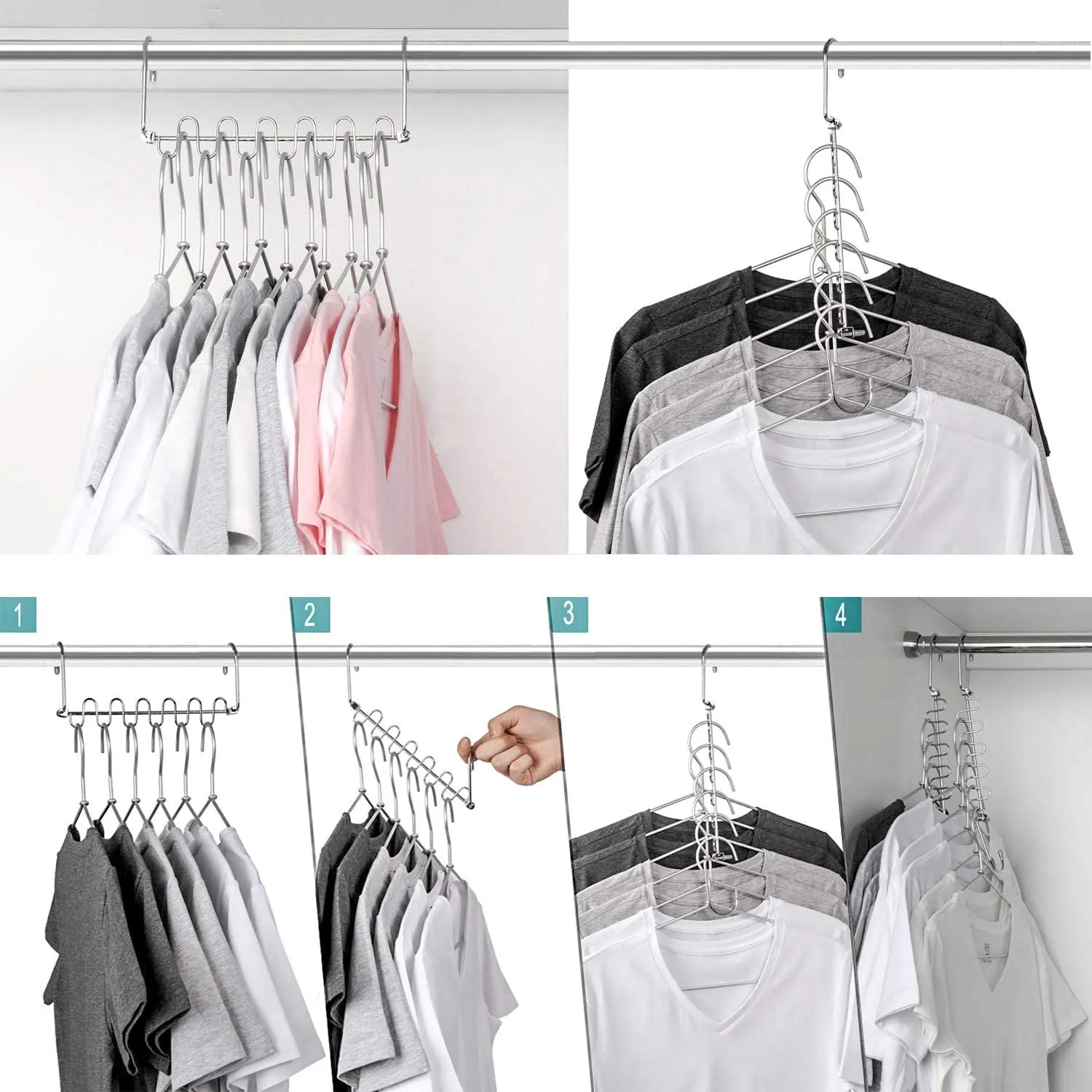 KLEVERISE 4 Pack Space Saving Hangers - 12 Slots Stainless Steel Clothes Hangers Magic Cascading Hangers - Clothing Closet Space Saving Storage Organizers