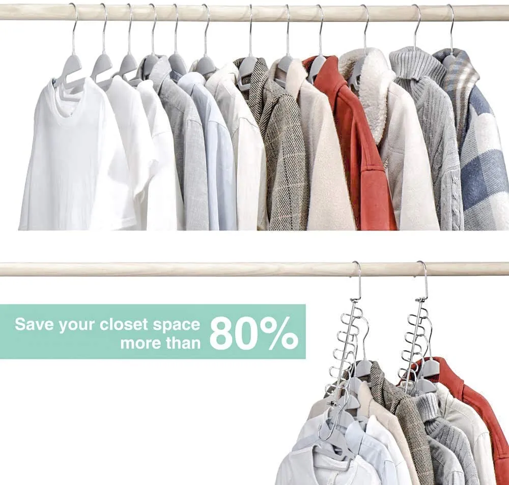 KLEVERISE 4 Pack Space Saving Hangers - 12 Slots Stainless Steel Clothes Hangers Magic Cascading Hangers - Clothing Closet Space Saving Storage Organizers