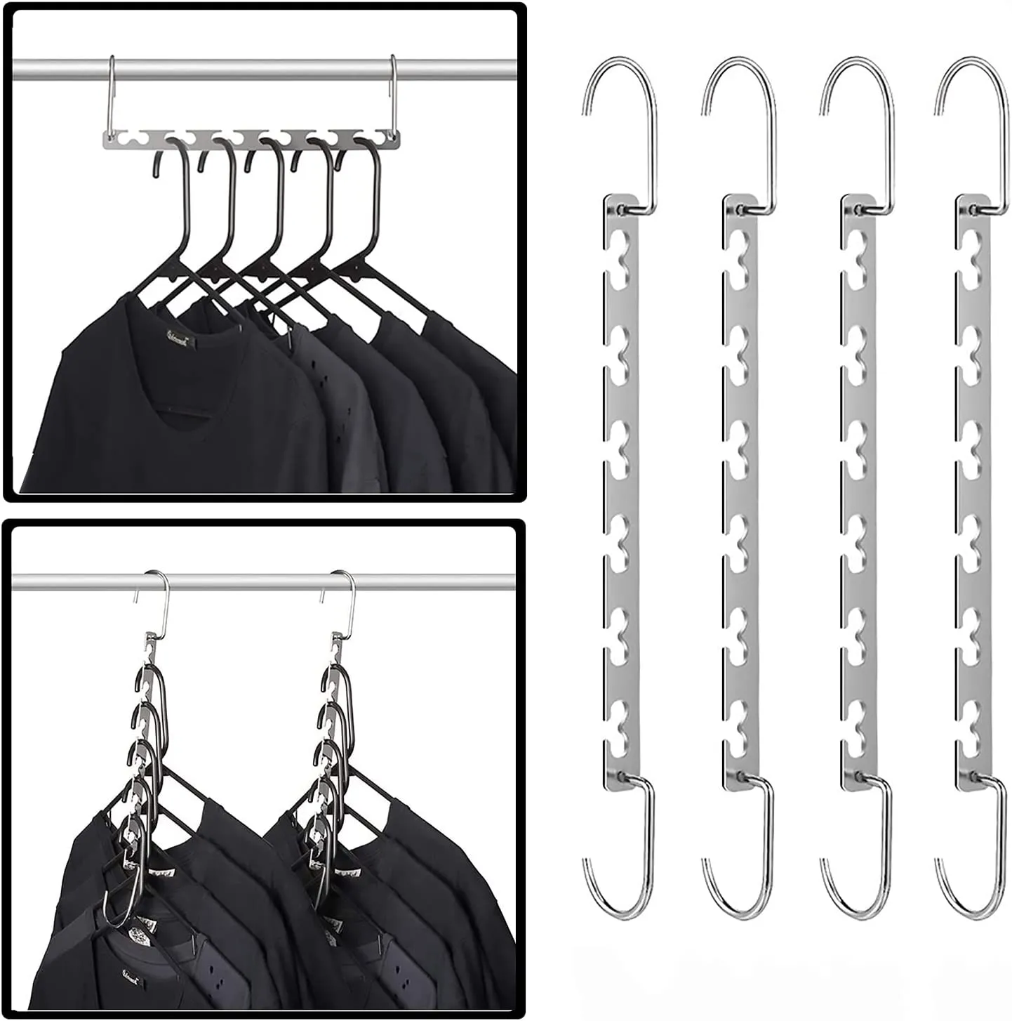 KLEVERISE 4 Pack Space Saving Hangers - 12 Slots Stainless Steel Clothes Hangers Magic Cascading Hangers - Clothing Closet Space Saving Storage Organizers