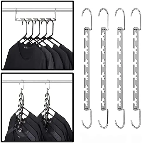 KLEVERISE 4 Pack Space Saving Hangers - 12 Slots Stainless Steel Clothes Hangers Magic Cascading Hangers - Clothing Closet Space Saving Storage Organizers
