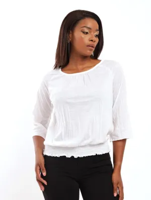 Ladies 3/4 Sleeve Shirred Raglan Blouse - White