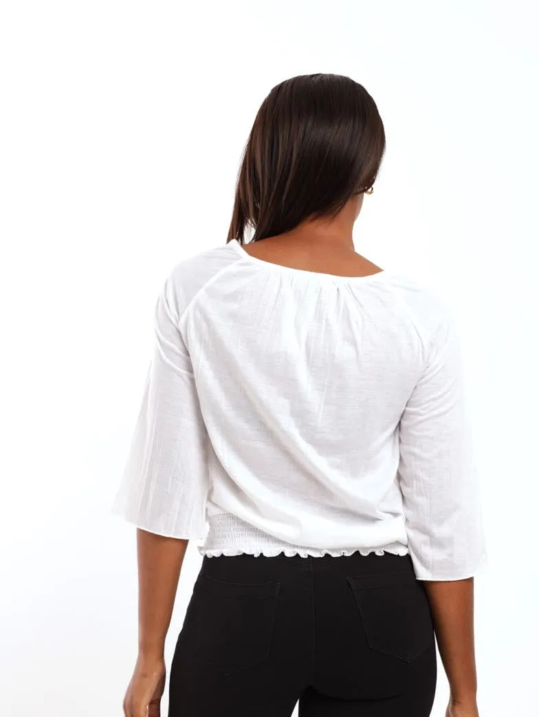 Ladies 3/4 Sleeve Shirred Raglan Blouse - White