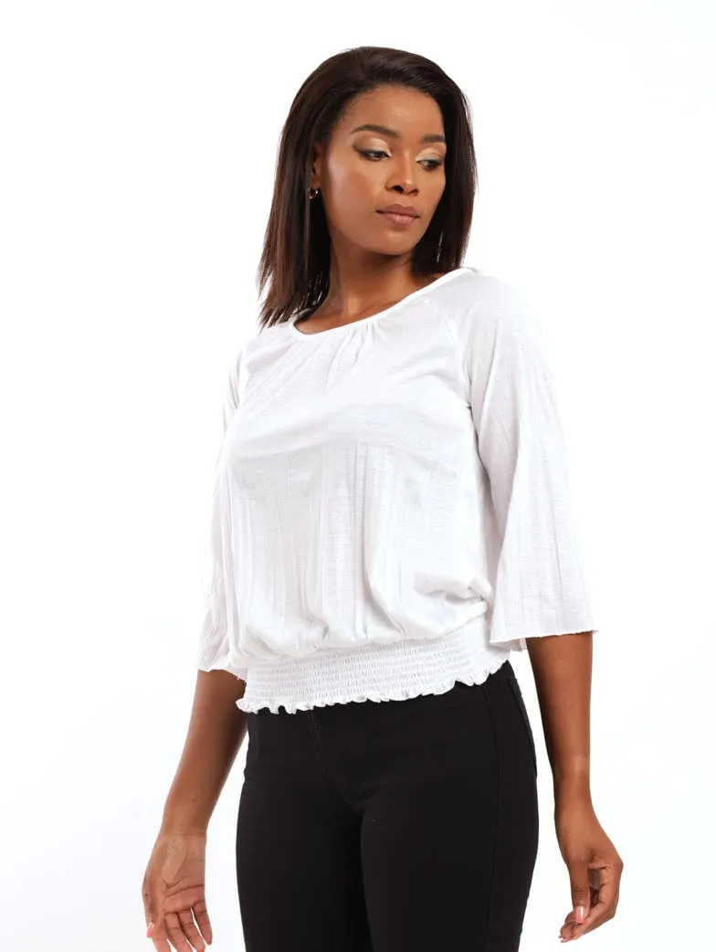 Ladies 3/4 Sleeve Shirred Raglan Blouse - White