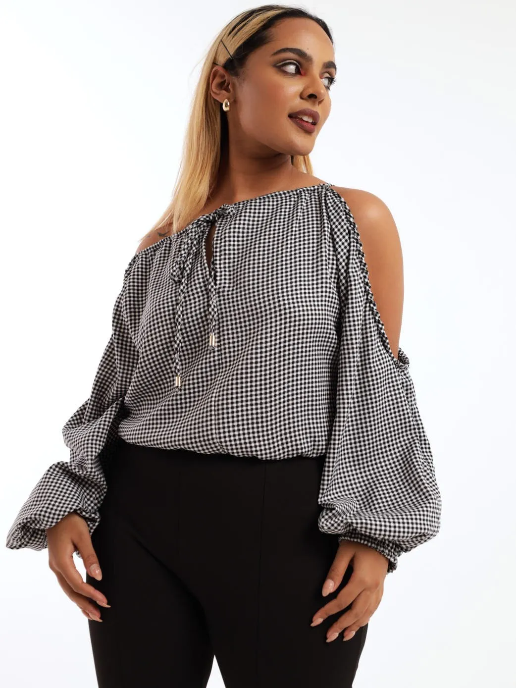Ladies Check Cold Shoulder Blouse - Black/White