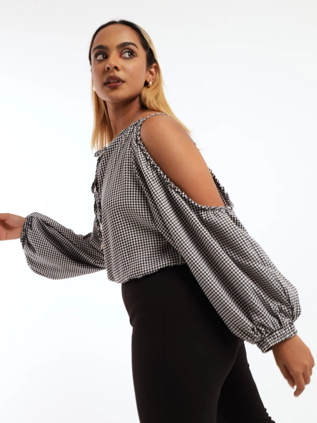 Ladies Check Cold Shoulder Blouse - Black/White