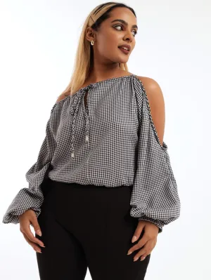 Ladies Check Cold Shoulder Blouse - Black/White