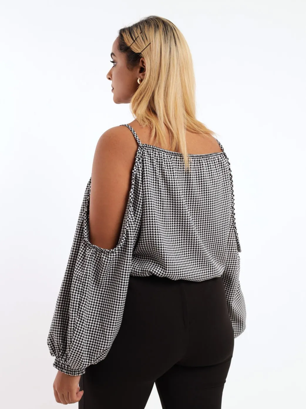 Ladies Check Cold Shoulder Blouse - Black/White