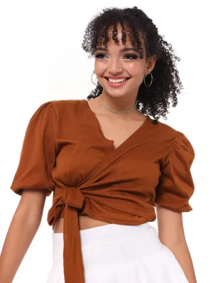 Ladies Crinkle Wrap Top - Brown