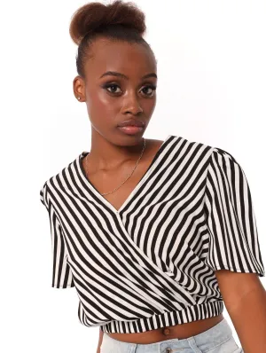 Ladies Crossover Elastic Hem Blouse - White/Black