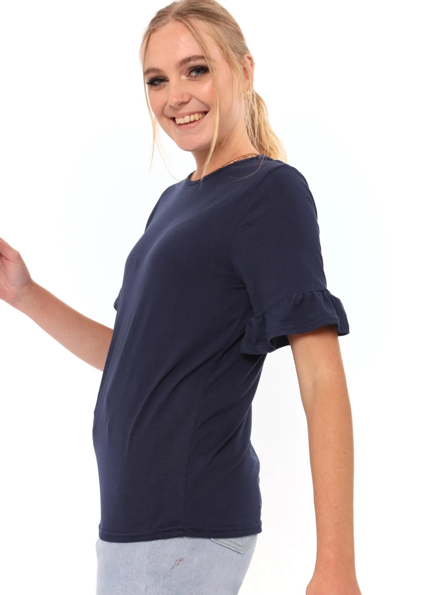 Ladies Frill Sleeve Tee - Dark Navy
