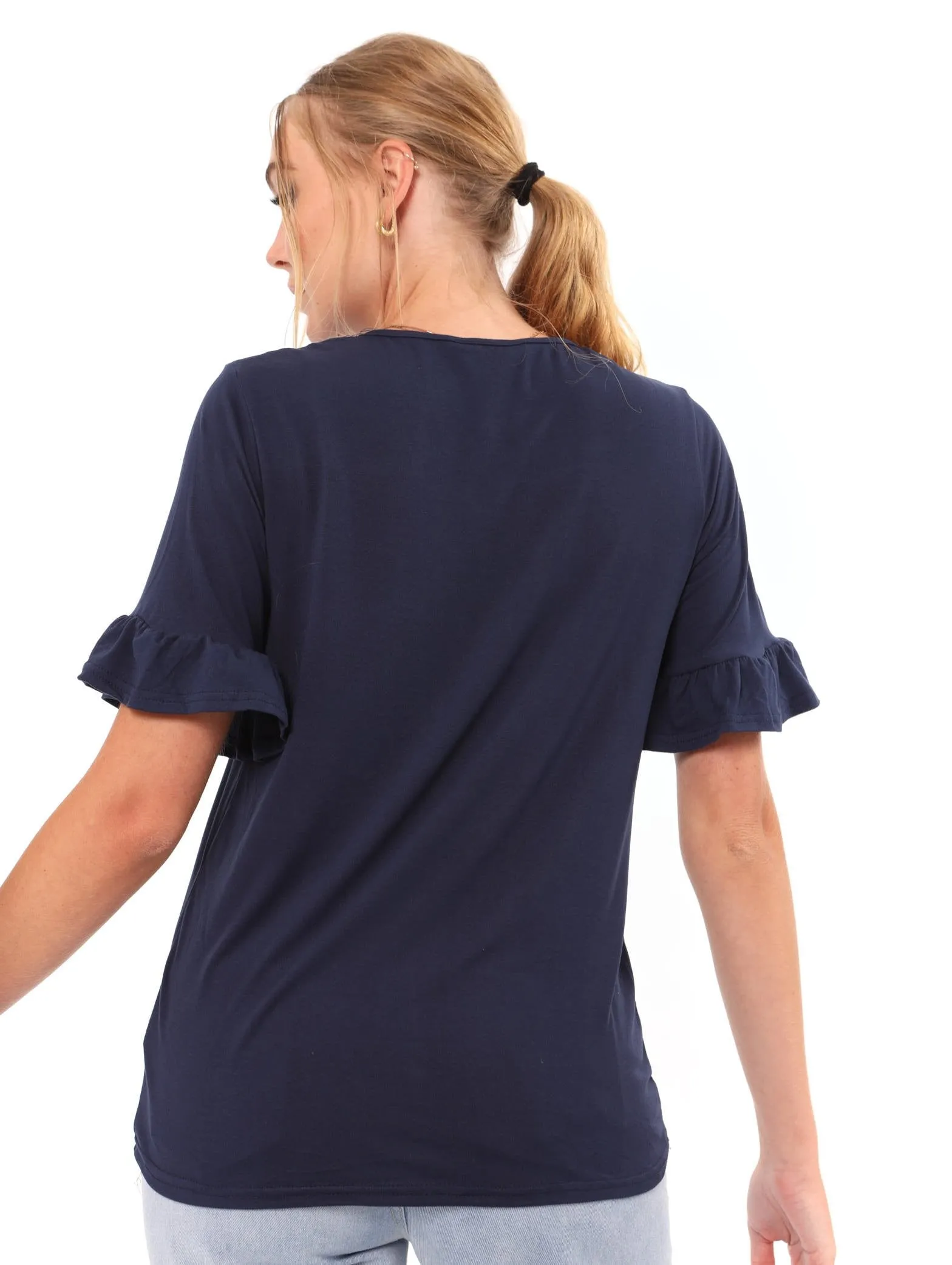 Ladies Frill Sleeve Tee - Dark Navy