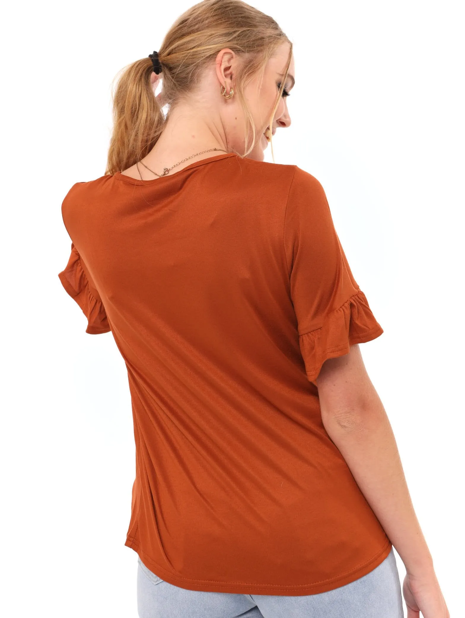 Ladies Frill Sleeve Tee - Rust