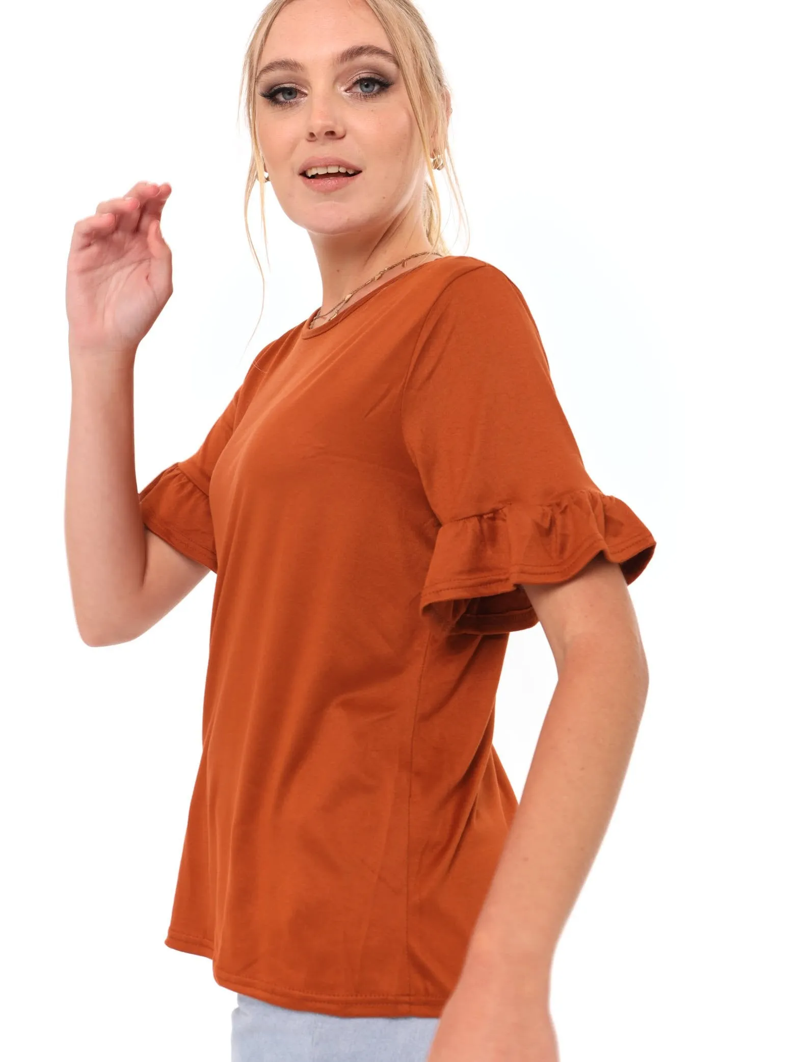 Ladies Frill Sleeve Tee - Rust