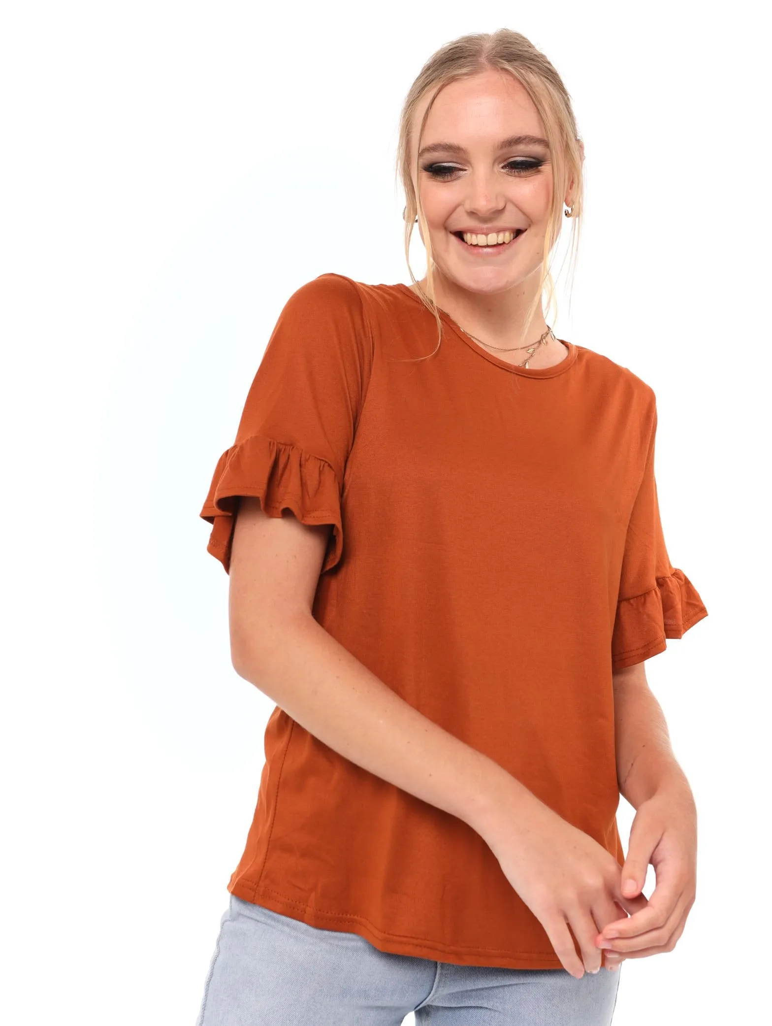 Ladies Frill Sleeve Tee - Rust