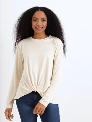 Ladies Long Sleeve Knot Front Tee - Cream