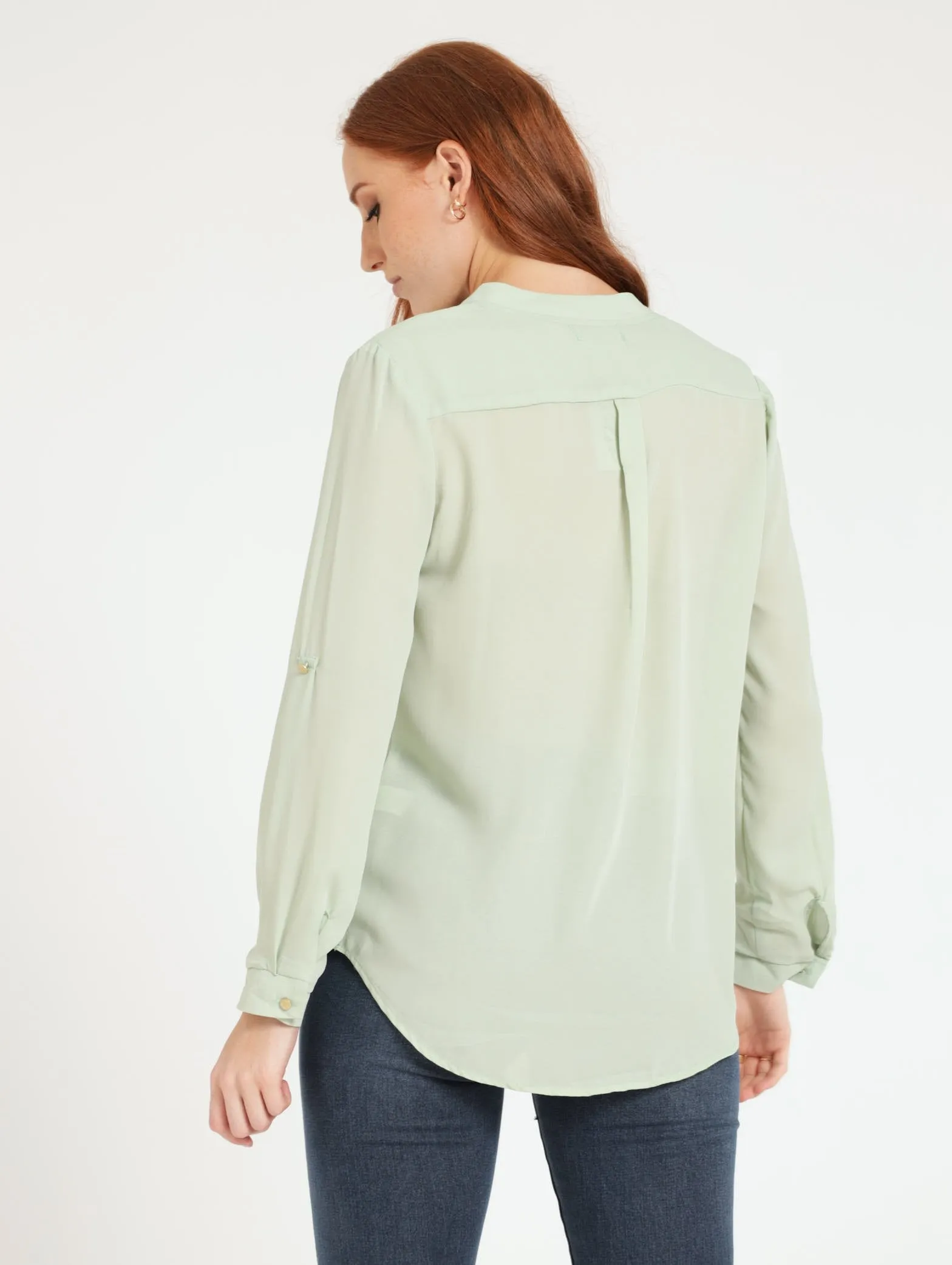 Ladies Long Sleeve Metal Trim Henley Top - Mint