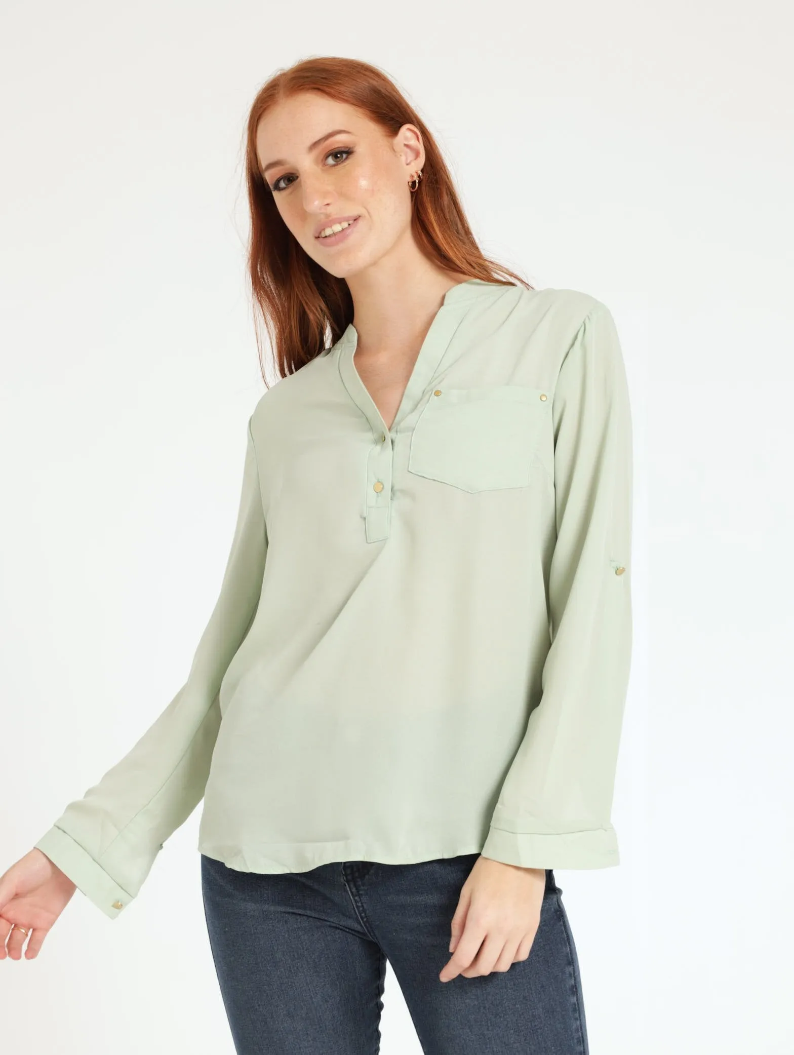 Ladies Long Sleeve Metal Trim Henley Top - Mint