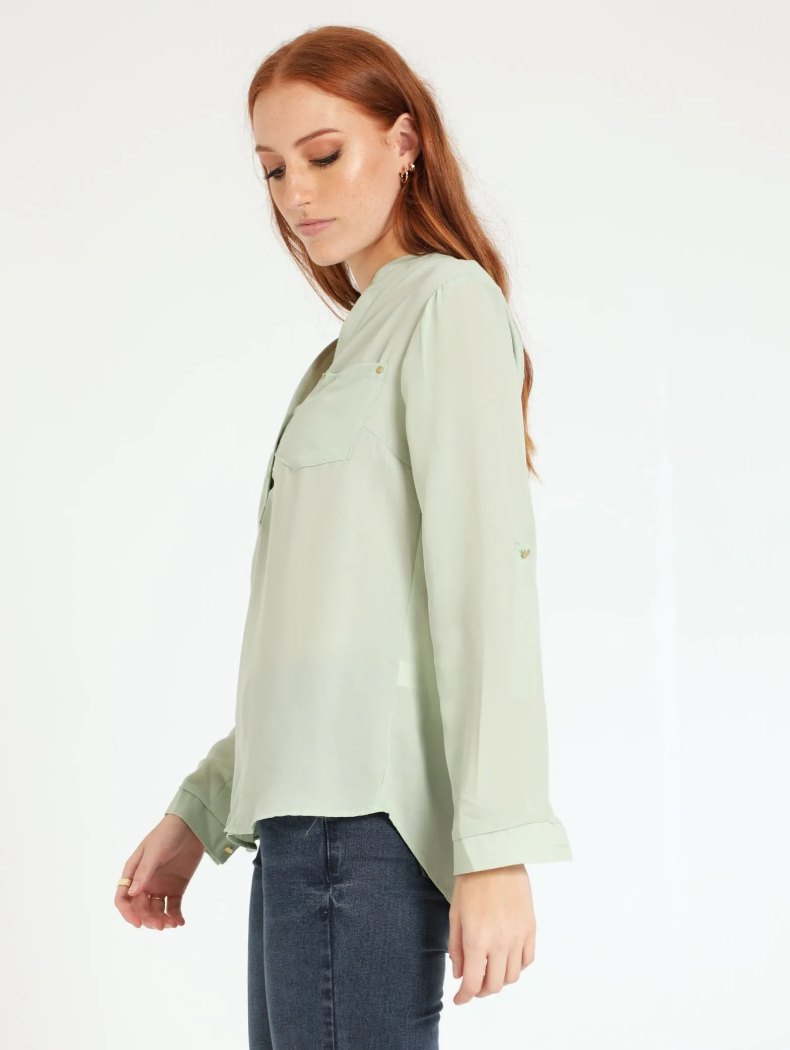 Ladies Long Sleeve Metal Trim Henley Top - Mint