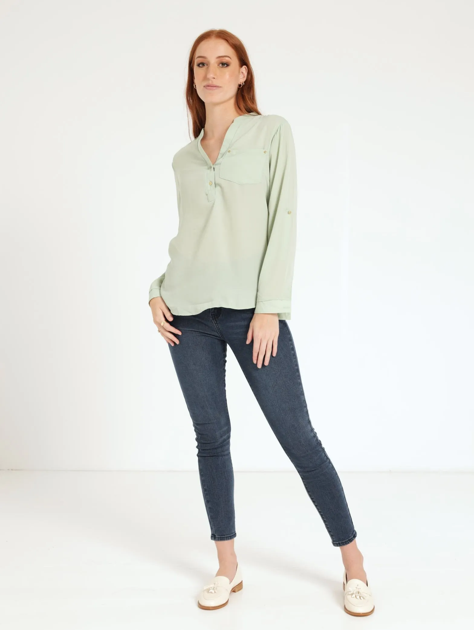 Ladies Long Sleeve Metal Trim Henley Top - Mint