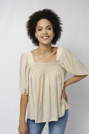 Ladies Shirred Square Neck Puff Sleeve Top - Stone