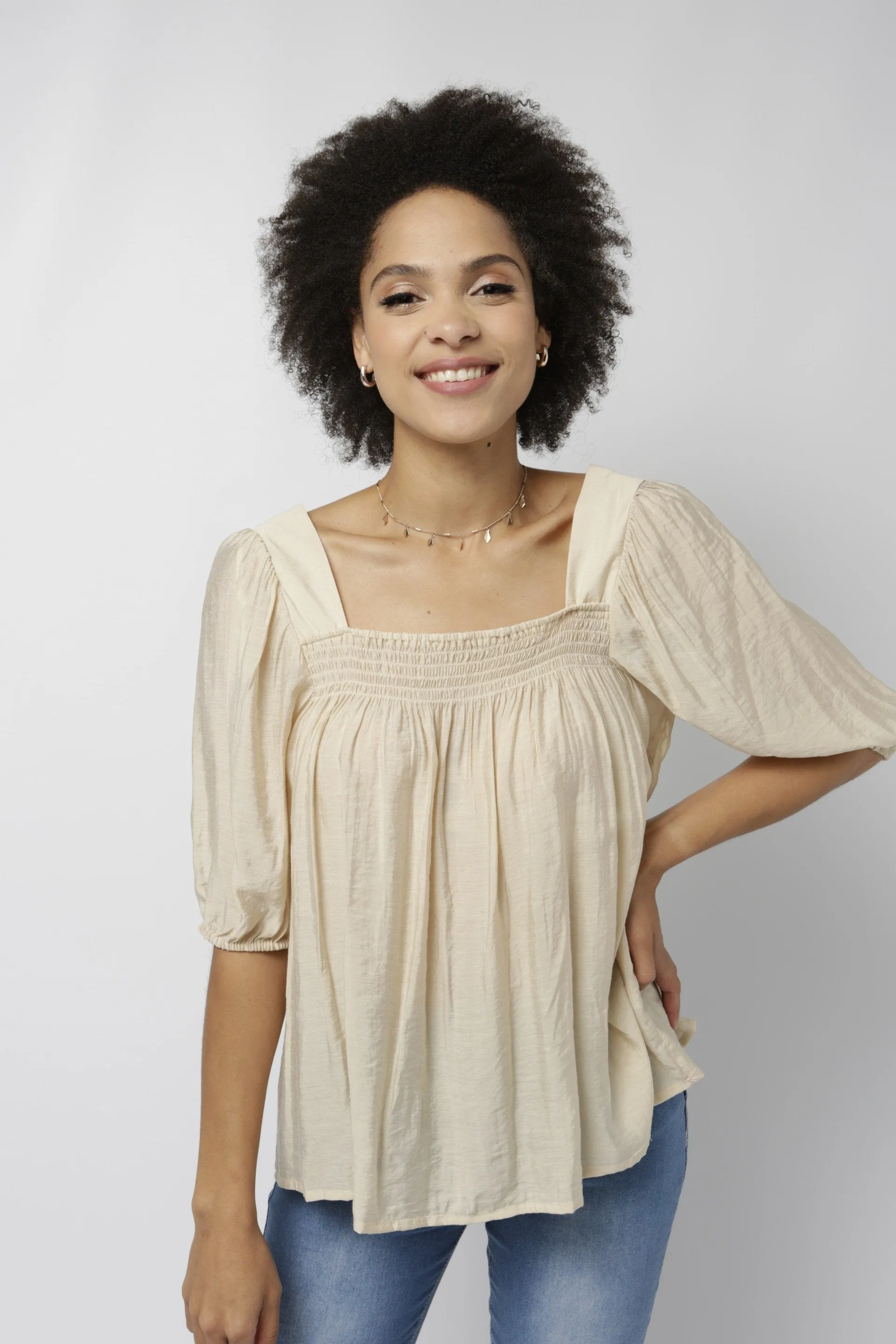 Ladies Shirred Square Neck Puff Sleeve Top - Stone