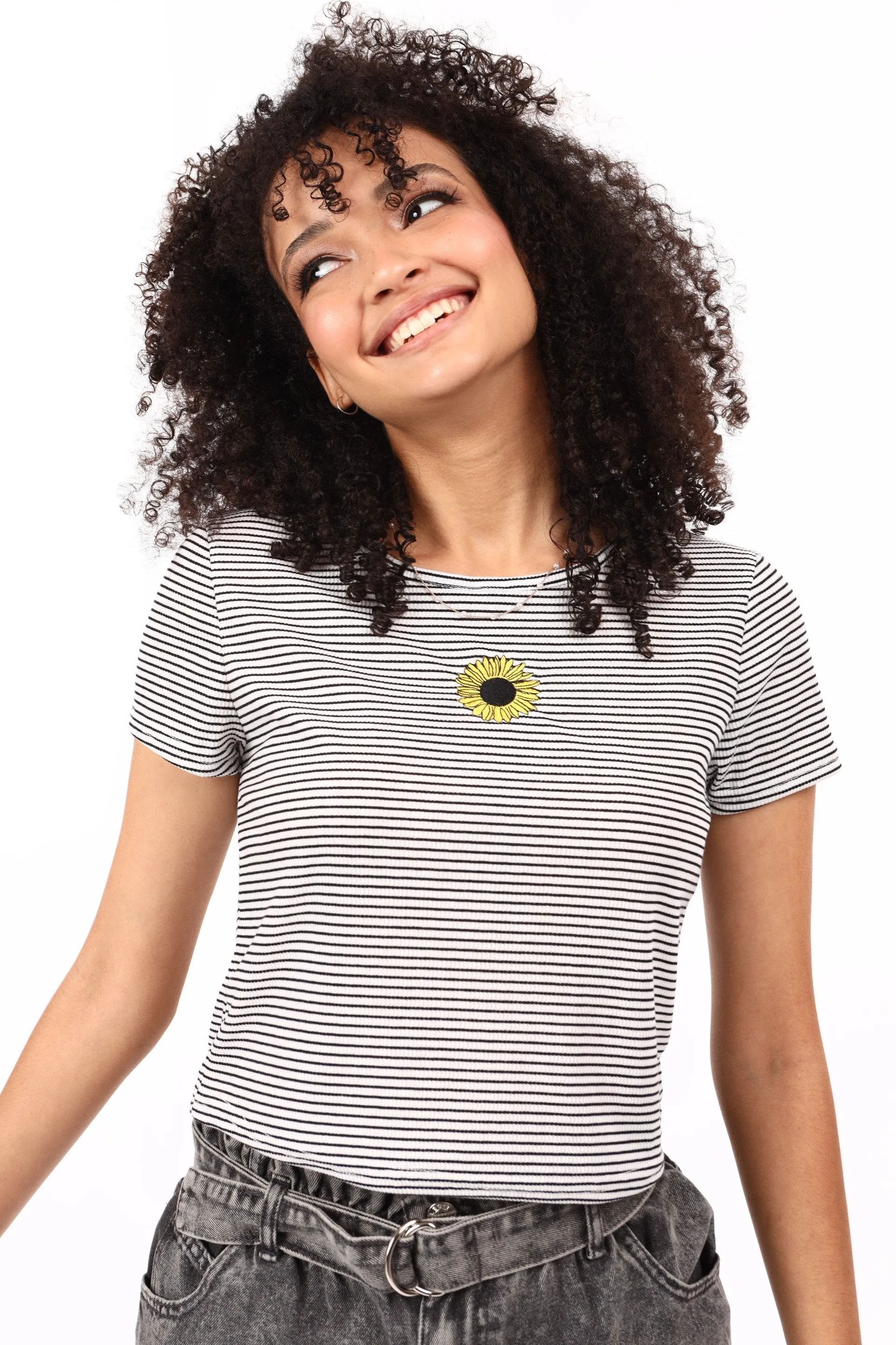 Ladies Striped Rib Tee - White