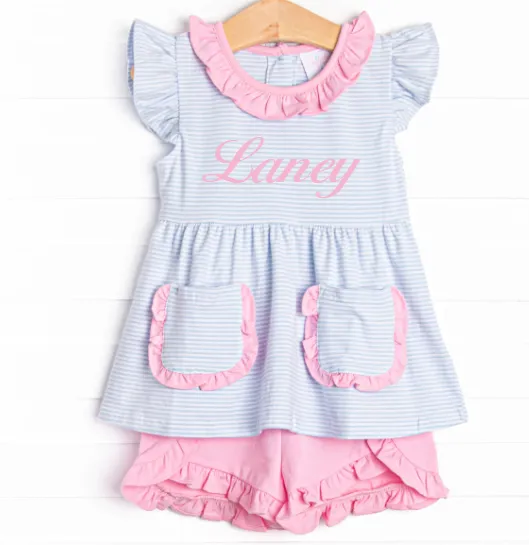 Laney Ruffle Short Set, Pink and Blue Stripe