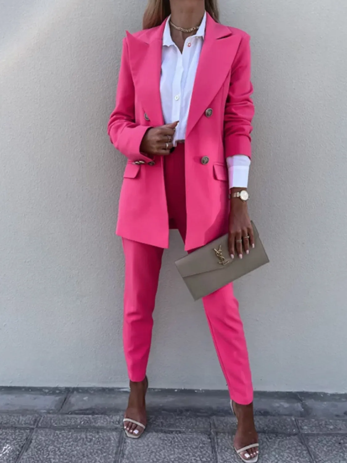 Lapel Collar Long Sleeve Blazer and Pants Set (7 Colors)
