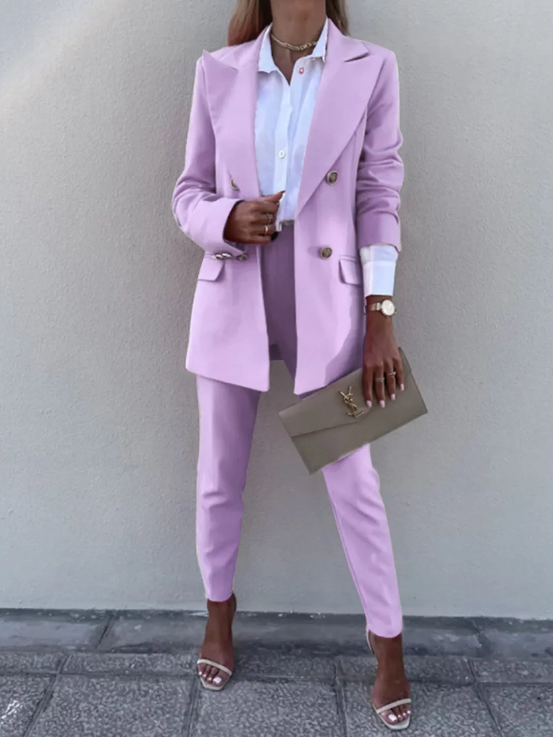 Lapel Collar Long Sleeve Blazer and Pants Set (7 Colors)