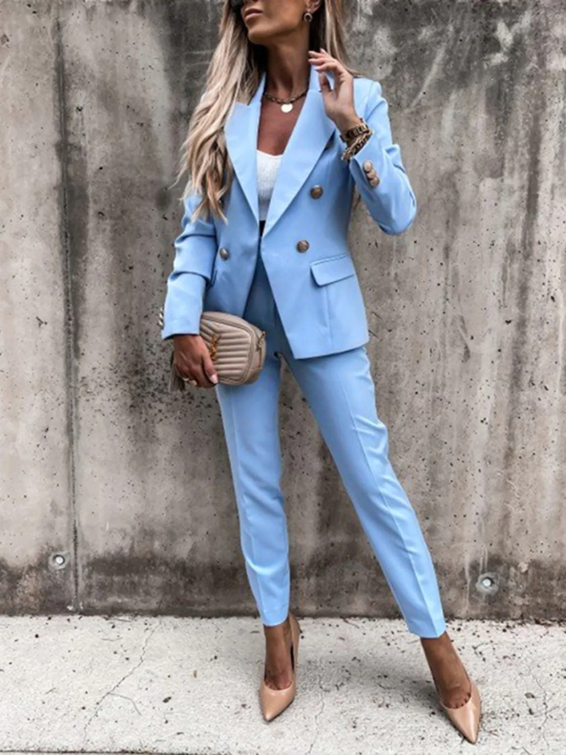 Lapel Collar Long Sleeve Blazer and Pants Set (7 Colors)