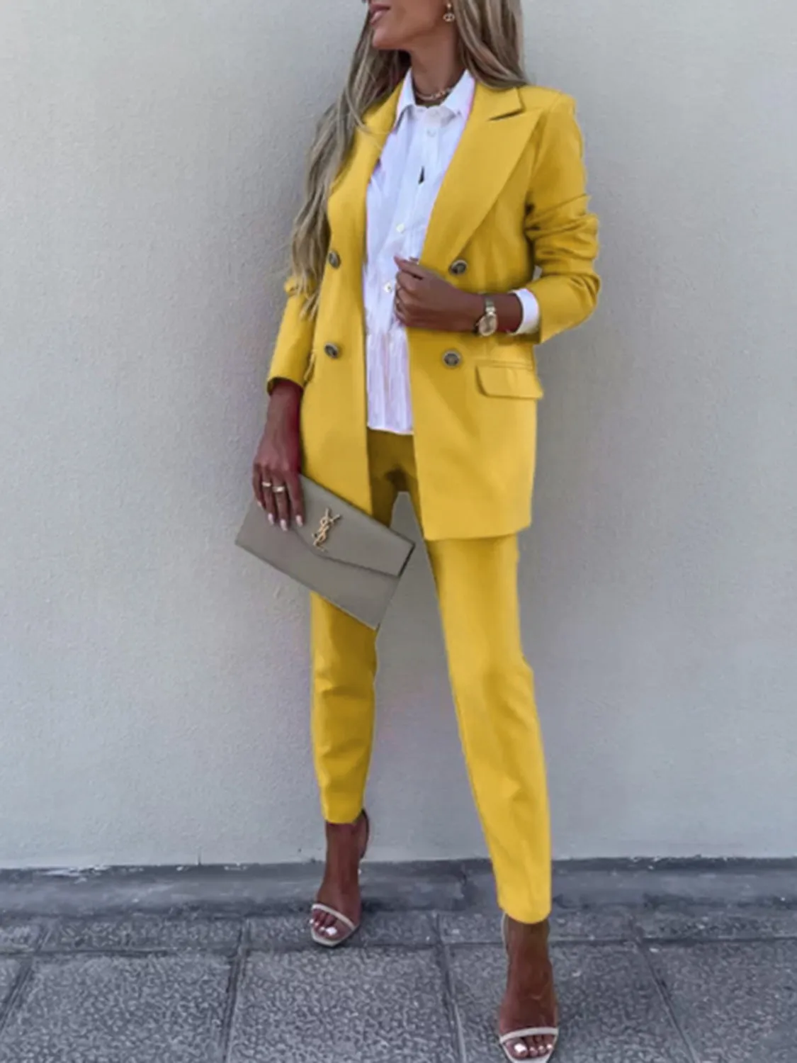 Lapel Collar Long Sleeve Blazer and Pants Set (7 Colors)