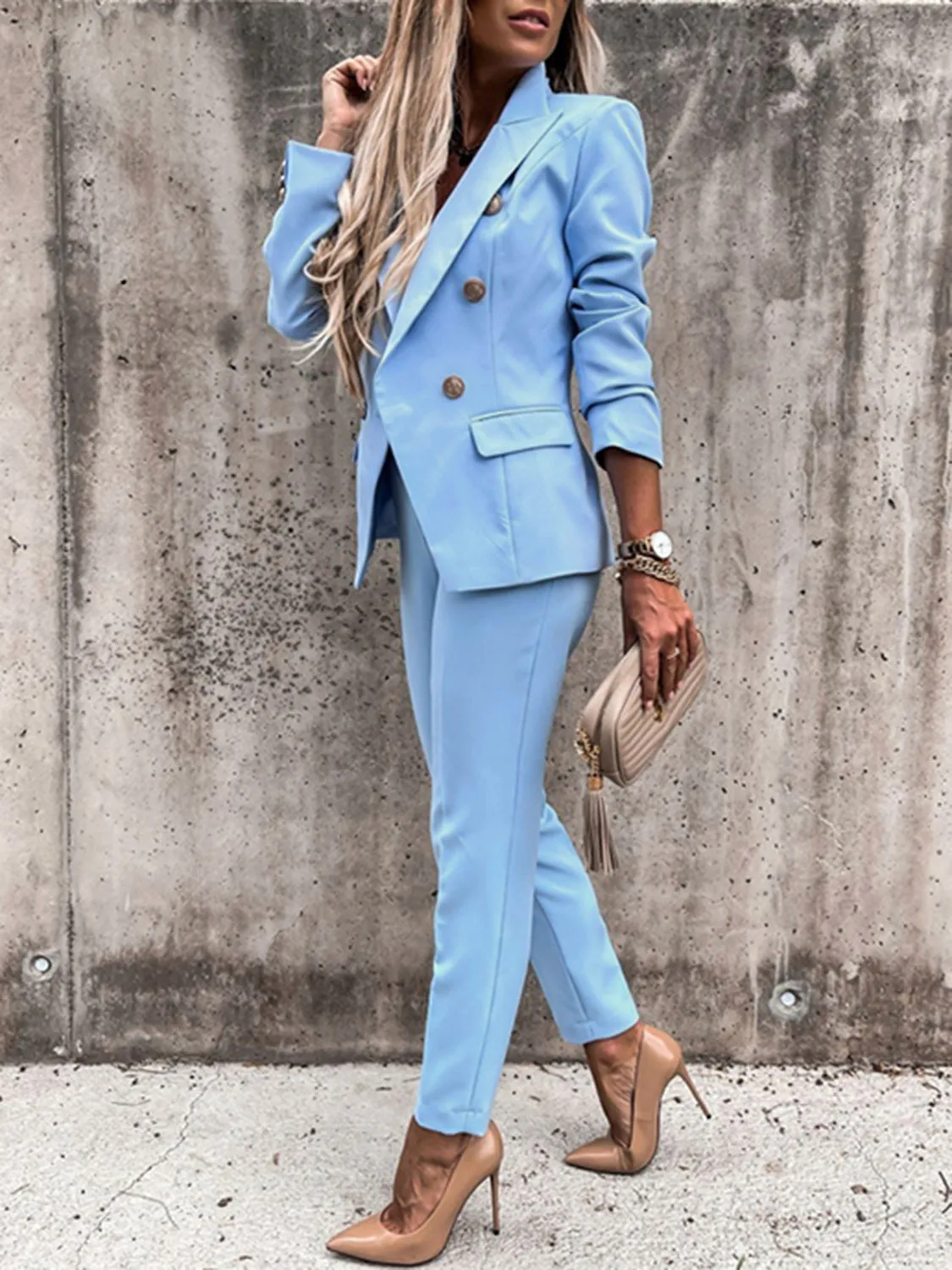 Lapel Collar Long Sleeve Blazer and Pants Set (7 Colors)
