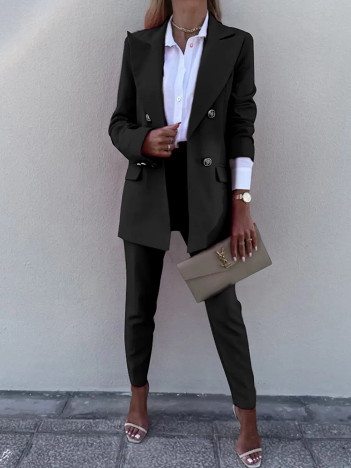 Lapel Collar Long Sleeve Blazer and Pants Set (7 Colors)