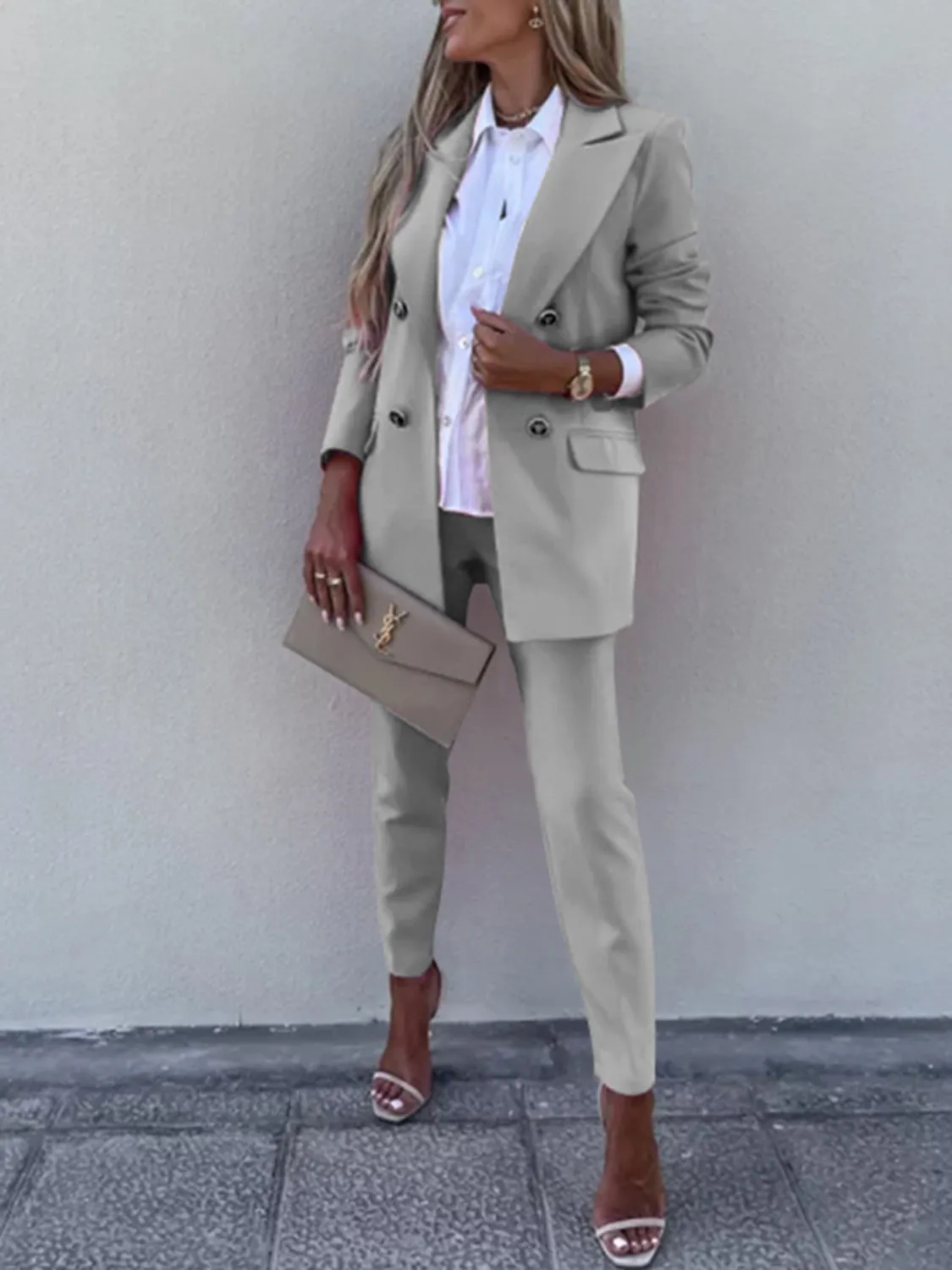Lapel Collar Long Sleeve Blazer and Pants Set (7 Colors)