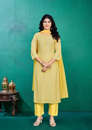 Laxmipati Kashish Floral Printed Straight Kurta Set with Trousers & Dupatta in Yellow Color