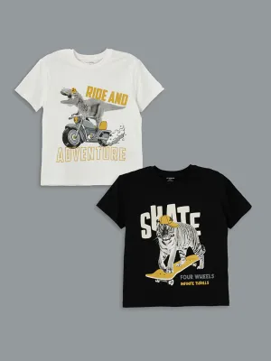 LCW Kids Black Crew Neck Printed Boy T-Shirt 2-Pack