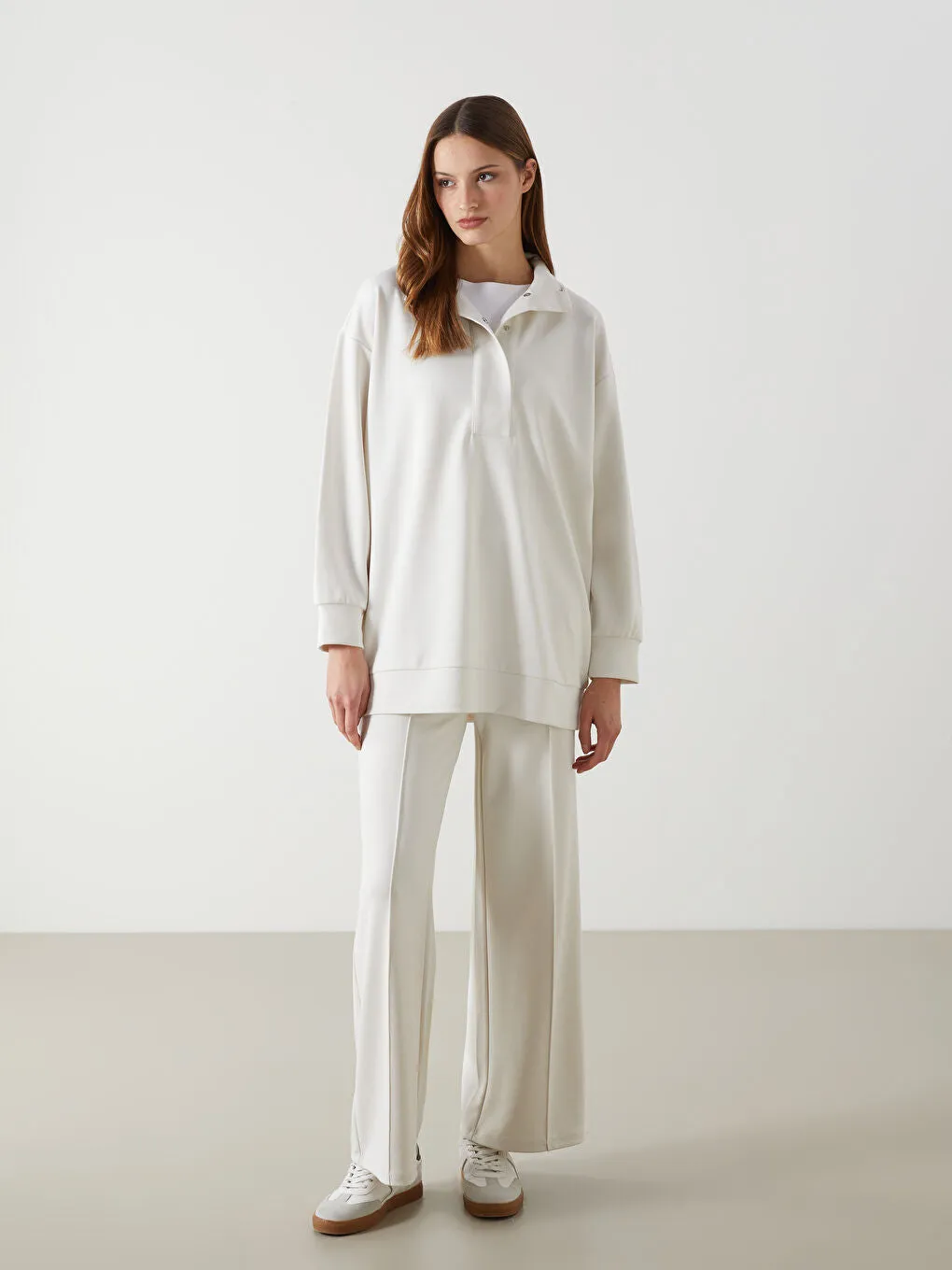 LCW Modest Beige Stand Collar Plain Oversize Women Sweatshirt Tunic