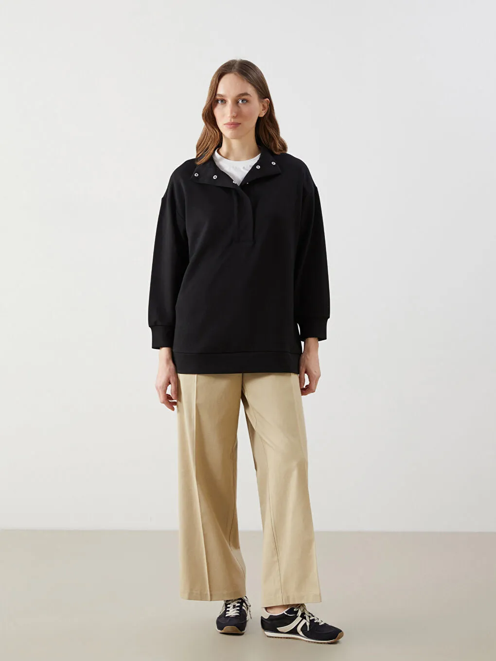 LCW Modest Beige Stand Collar Plain Oversize Women Sweatshirt Tunic