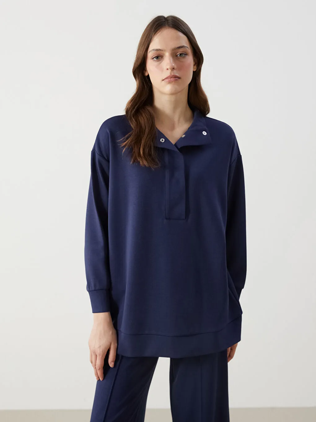 LCW Modest Beige Stand Collar Plain Oversize Women Sweatshirt Tunic