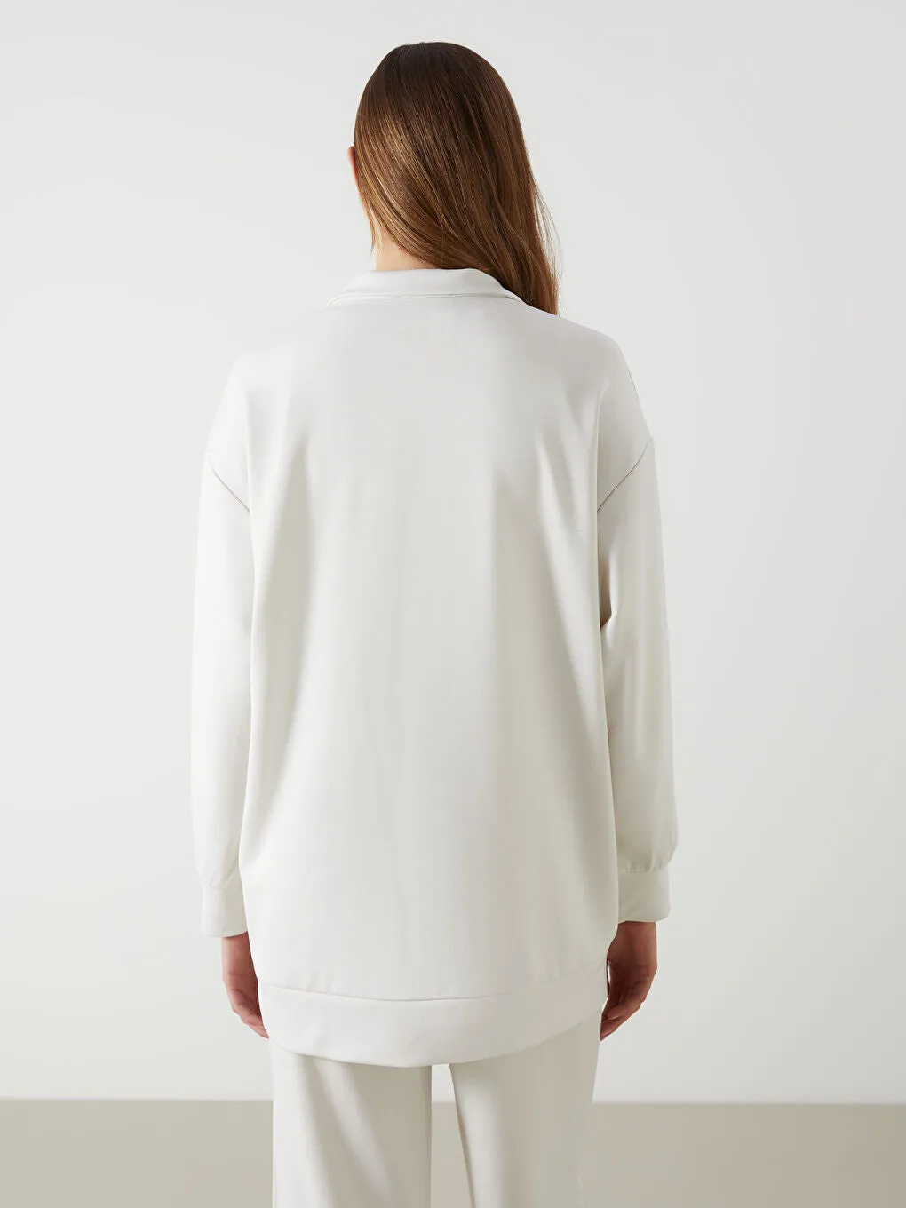 LCW Modest Beige Stand Collar Plain Oversize Women Sweatshirt Tunic