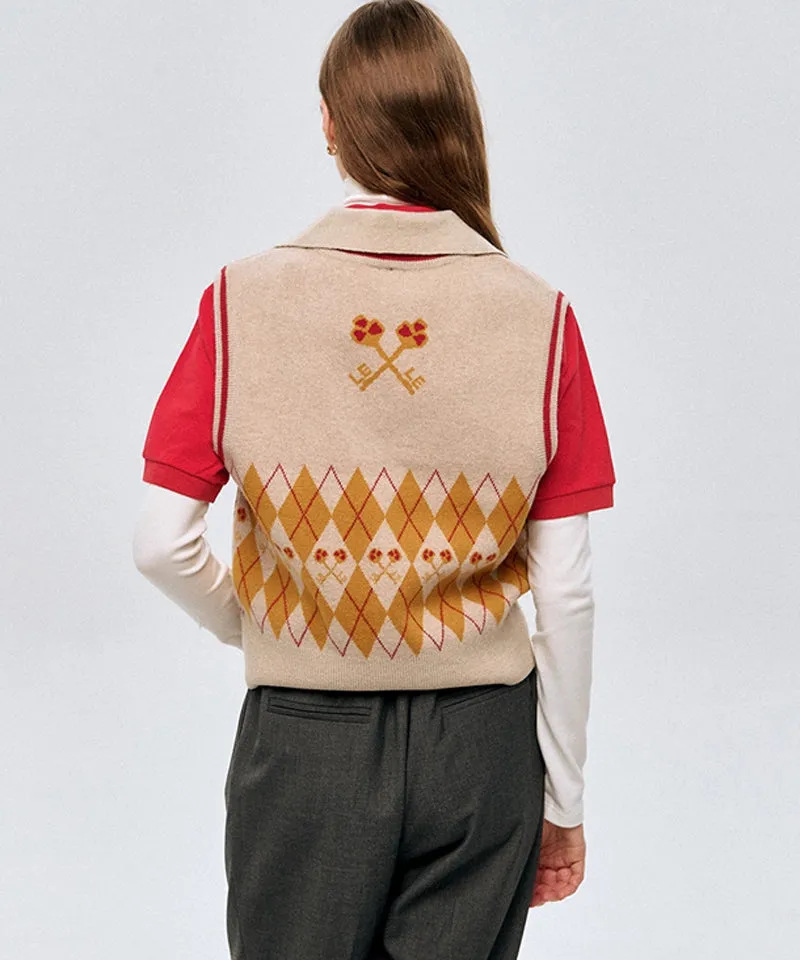 LE SONNET Logo & Agyle Knit Vest - Beige