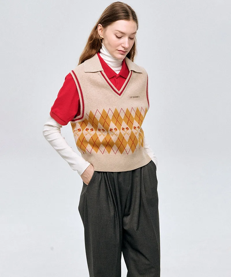 LE SONNET Logo & Agyle Knit Vest - Beige