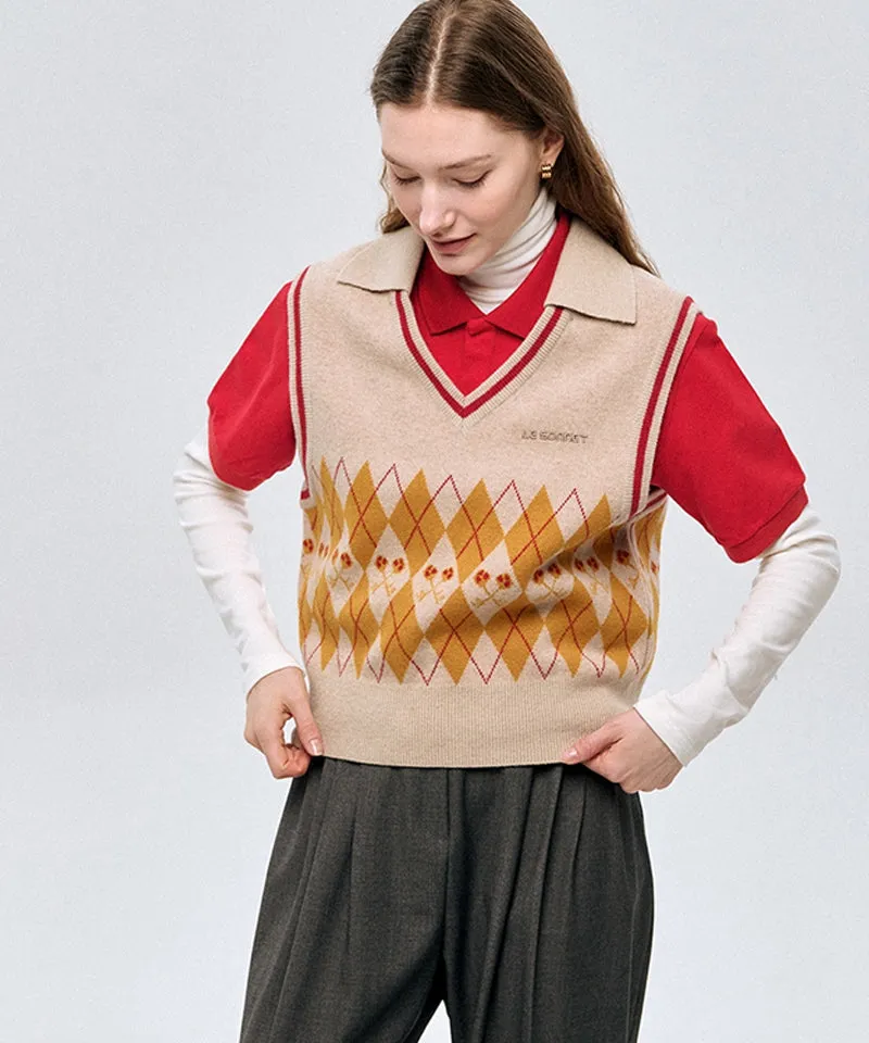 LE SONNET Logo & Agyle Knit Vest - Beige
