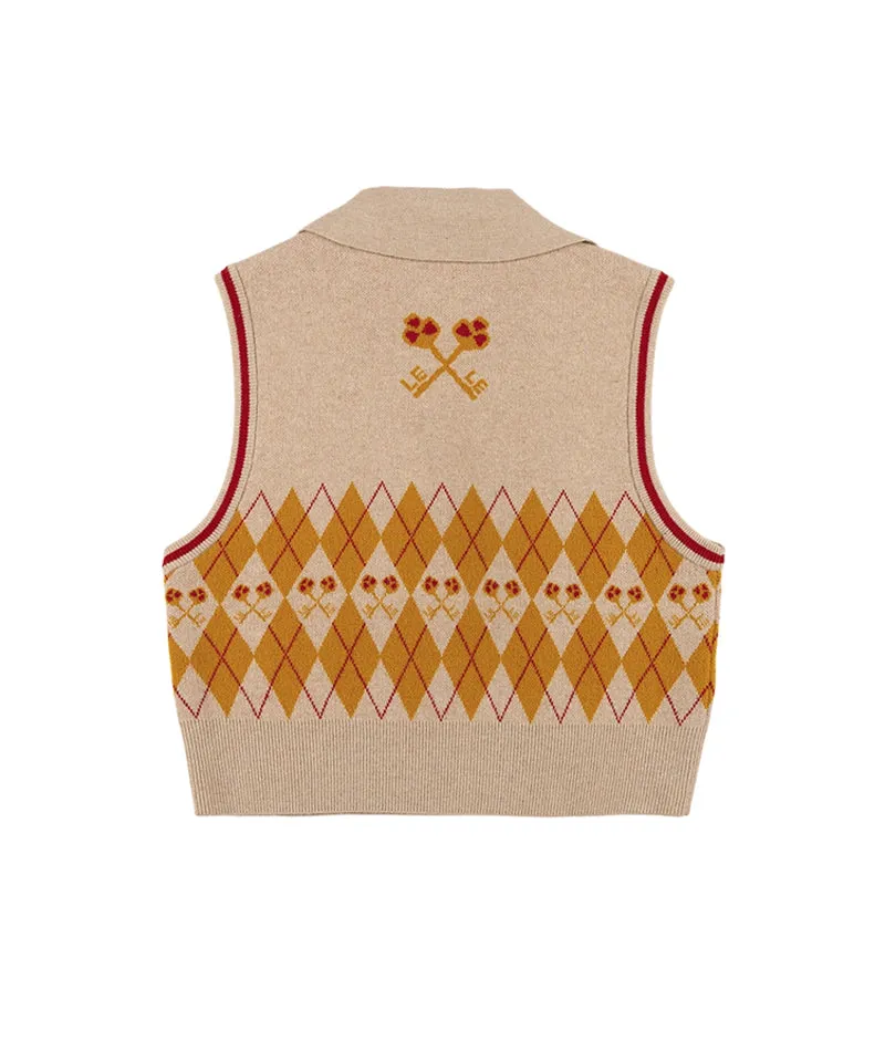 LE SONNET Logo & Agyle Knit Vest - Beige