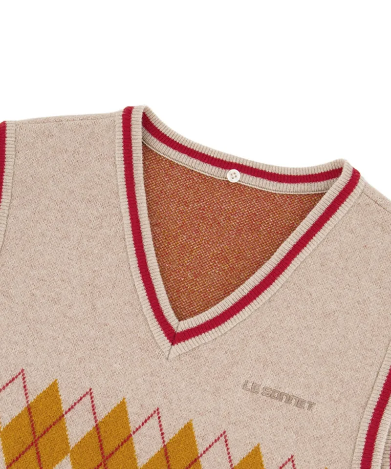 LE SONNET Logo & Agyle Knit Vest - Beige
