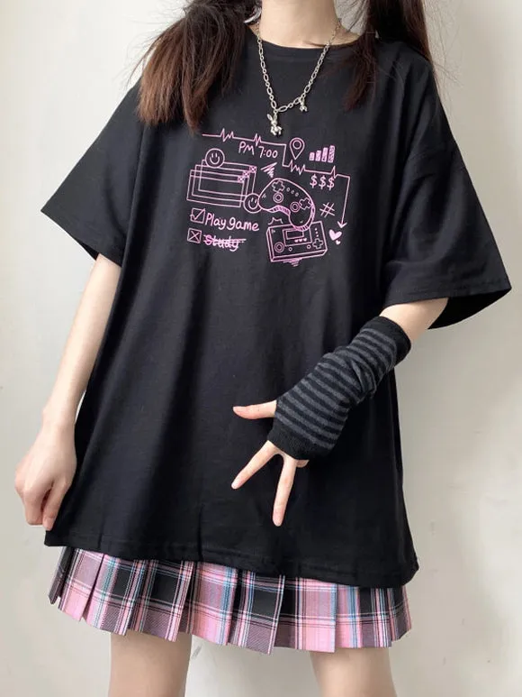 Lolita Blouse For Women Jewel Neck Short Sleeves Black Polyester T-Shirt