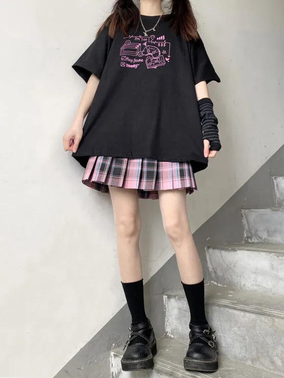 Lolita Blouse For Women Jewel Neck Short Sleeves Black Polyester T-Shirt