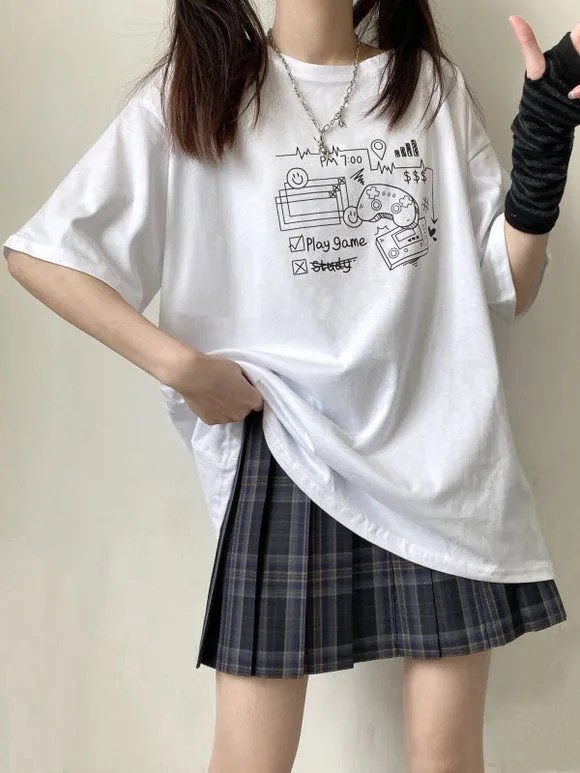 Lolita Blouse For Women Jewel Neck Short Sleeves Black Polyester T-Shirt